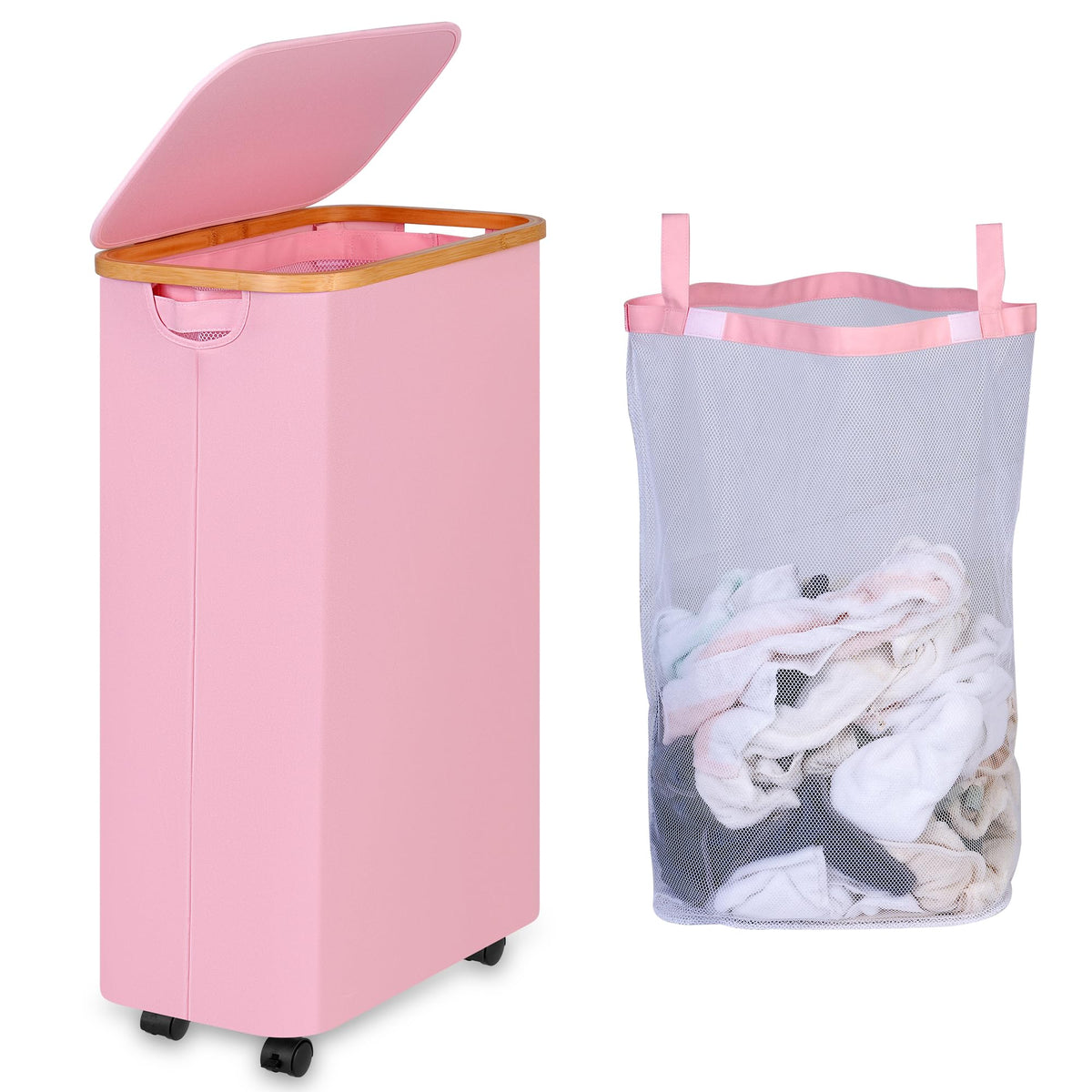 iEGrow Laundry Hamper with Lid,75L Hamper with Wheels & Removable Bag,Slim Laundry Basket on Wheels with Bamboo Frame,Foldable Rolling Clothes Hamper for Bedroom Dorm,Beige