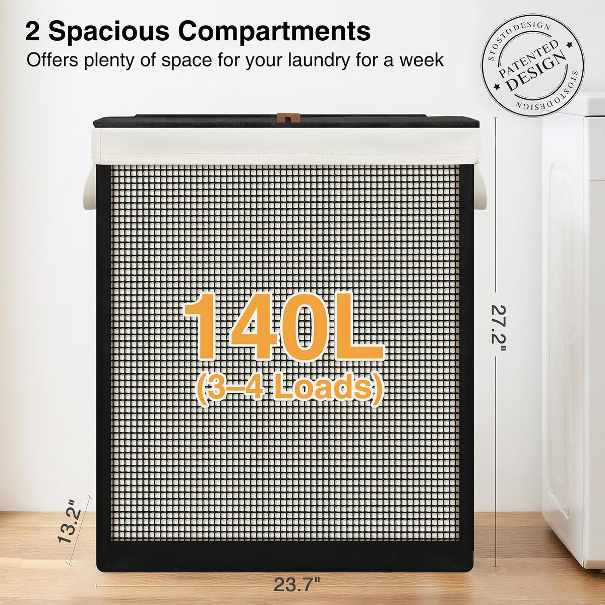 STO STO 2 Section Laundry Hamper with Lid, 140L Steel-Frame Double Laundry Hamper with Removable Washable Liner, Breathable Large Laundry Basket for Bedroom, Bathroom, Laundry Room, Dorm, Closet