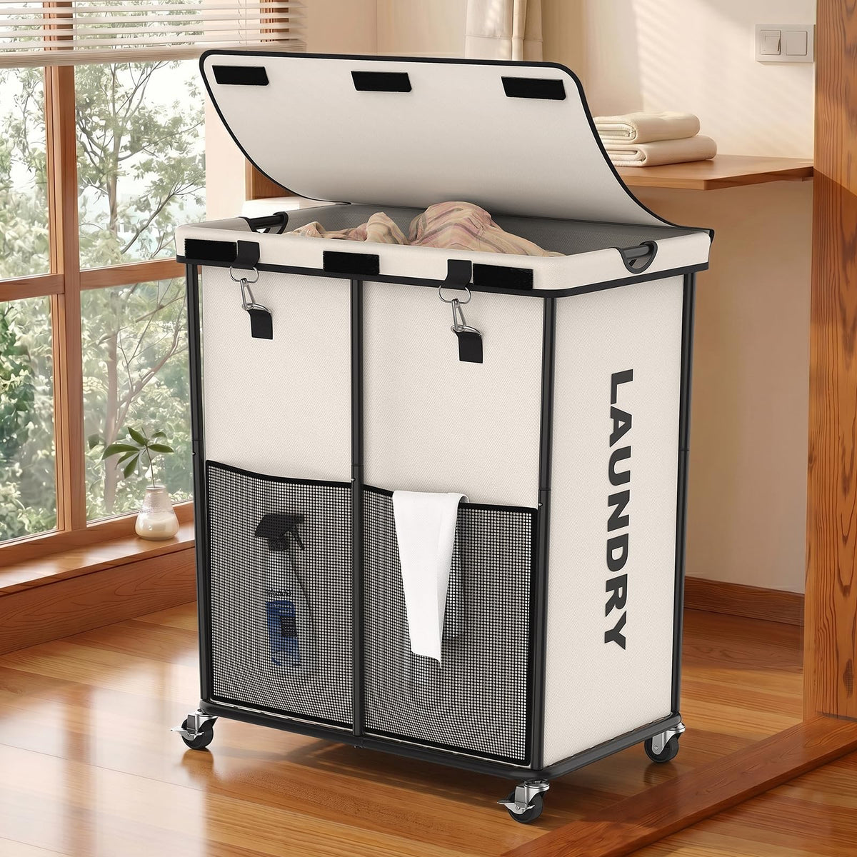 Laundry Hamper with Wheels and Lid, 150L Large Rolling Laundry Basket Black