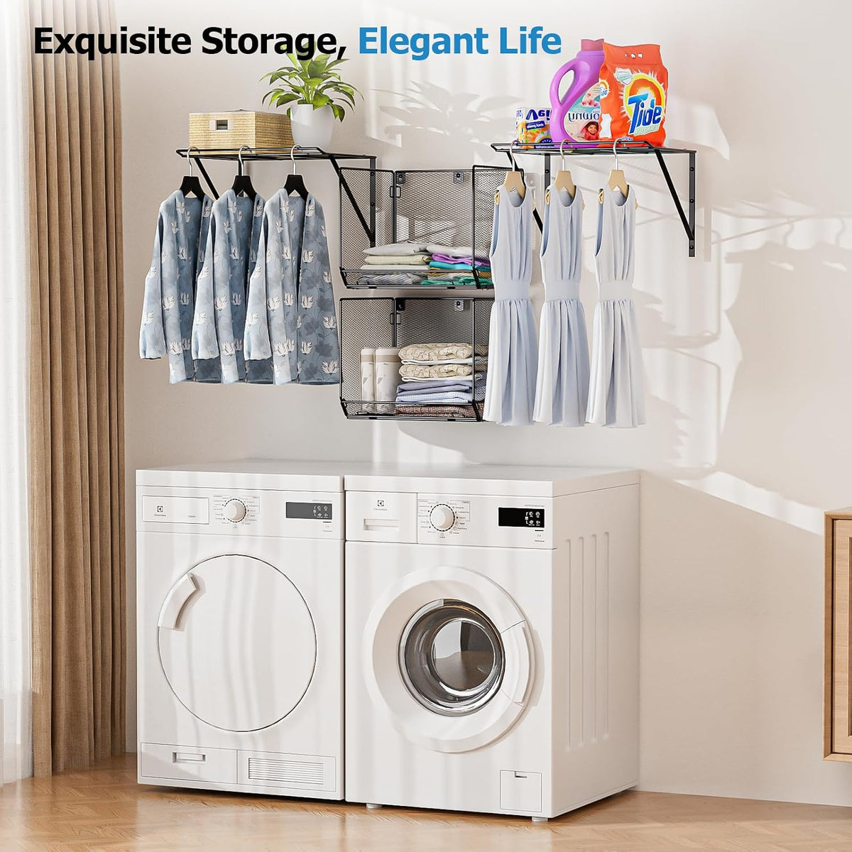2 Pack Laundry Room Shelves Organization And Storage,Wall Mounted Clothes Drying Rack With Wire Mesh Basket Over Washer And Dryer,Large Capacity Floating Wall Shelf For Bathroom,Kitchen,Storeroom