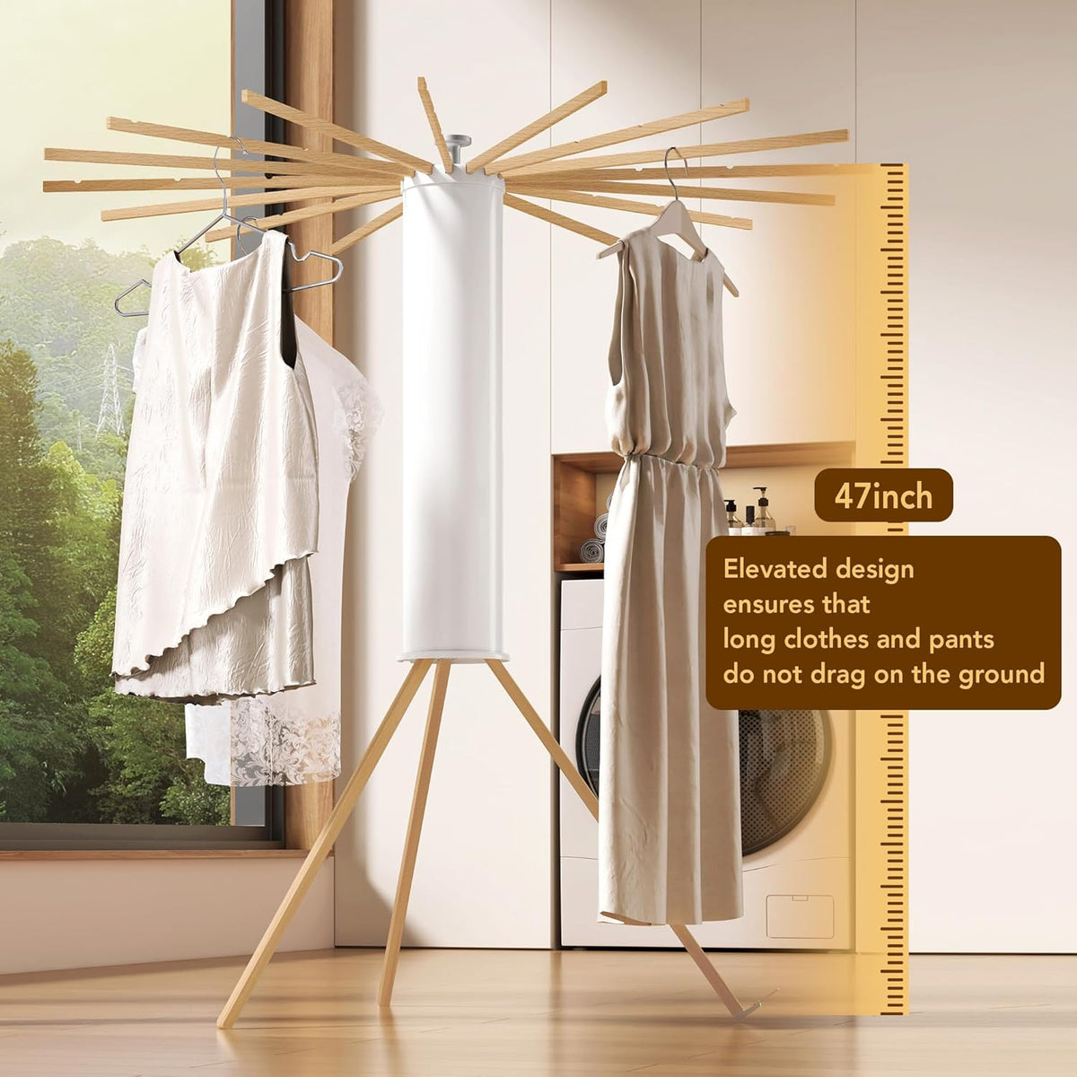 Foldable Tripod Clothes Drying Rack,Beechwood & Portable Laundry Stand, Space-Saving Collapsible Hanger with 16 Arms for Indoor & Outdoor Drying – Easy Setup, Stable Base, Fast Air-Drying Design