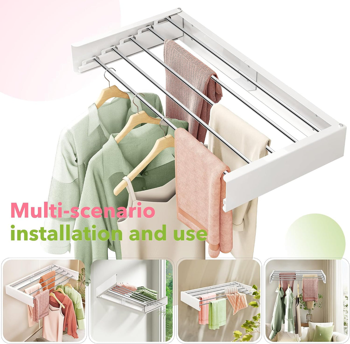 ZdwCyl Wall Mounted Drying Rack,32 inches,Foldbale, Clothes Drying Rack,Laundry Drying Rack Wall Mount,Drying Rack Clothing Space Saver,Retractable,Collapsible,Folding Laundry Rack,White