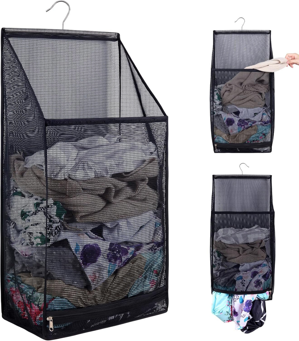 Hanging Collapsible Breathable Mesh laundry bags,Fast Drying Portable Space Saving Laundry Hamper for dorm,Rv Laundry Hamper Storage (Black)