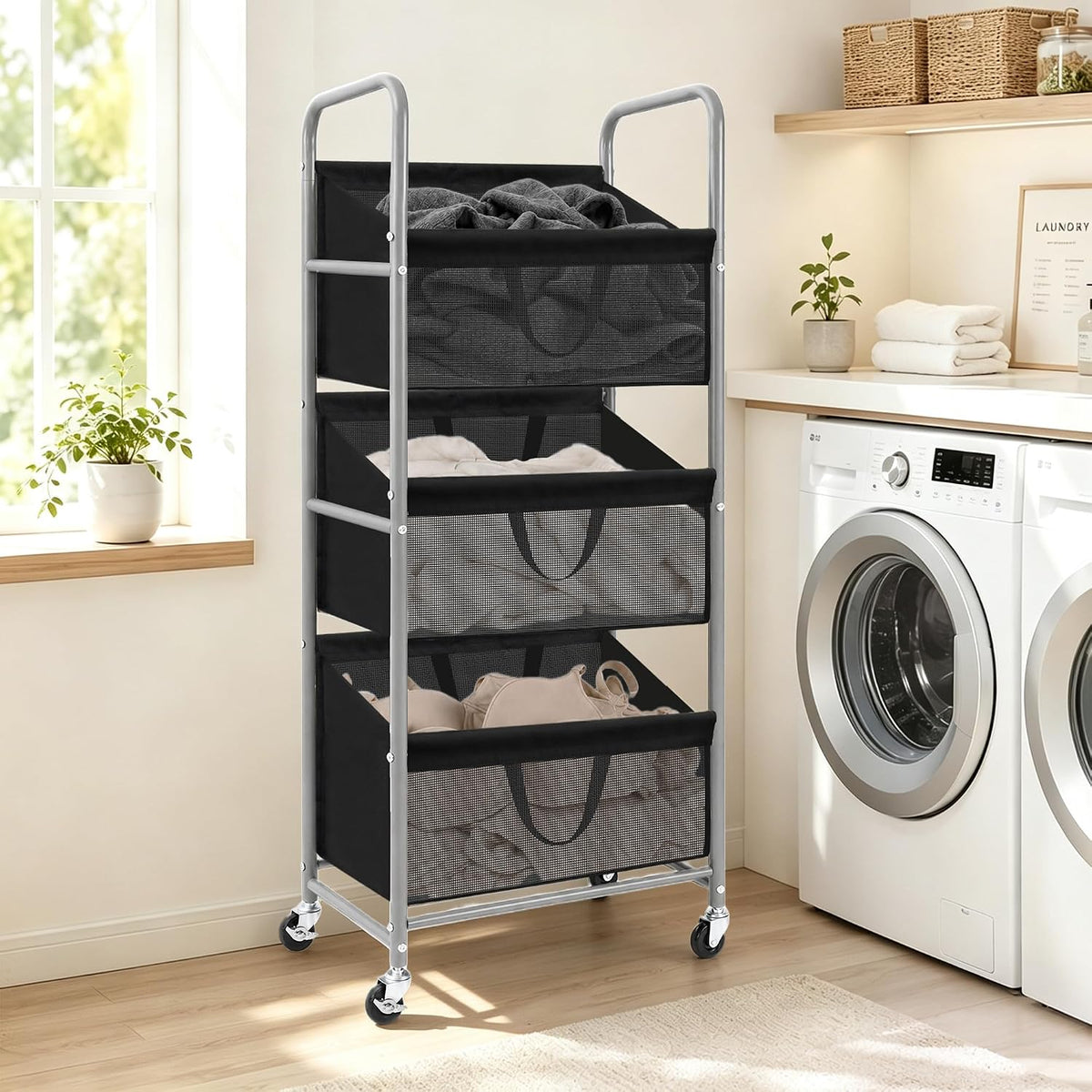 STO STO 3-Tier Vertical Rolling Laundry Hamper, Removable Bags, Black Mesh