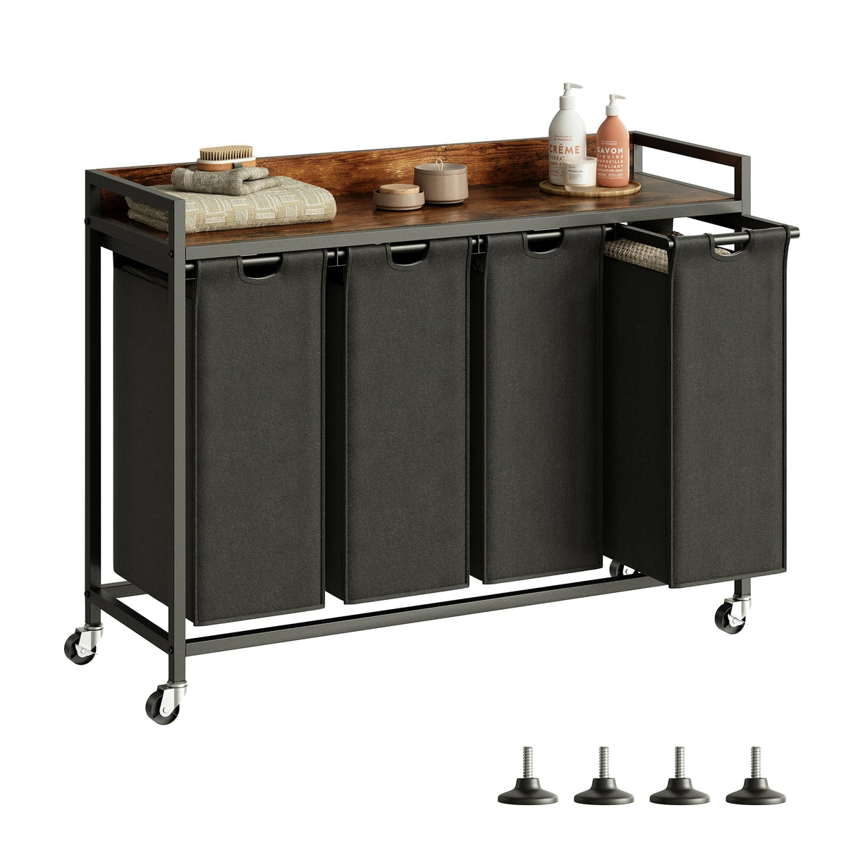 Herture Laundry Hamper with Shelf, Laundry Basket 4 Section, Laundry Sorter with Pull-Out Removable Large 4 Color Bags and Movable Wheels, Metal Frame, 4 x 15.87 Gallons (60L), Rustic Brown PF07XLN