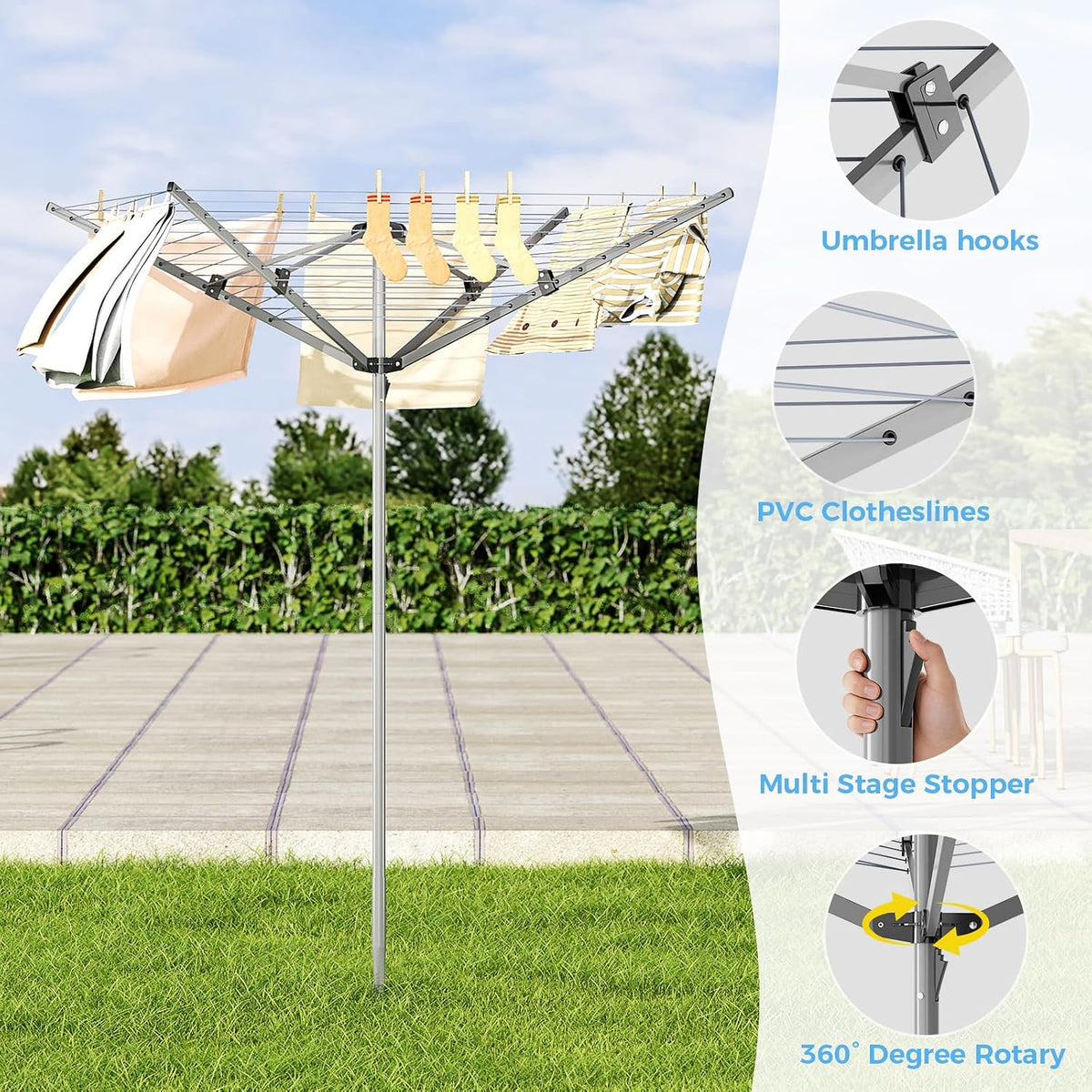 APEXCHASER Outdoor Clothes Drying Rack, 4-arm Umbrella Clothesline, 72.8" H