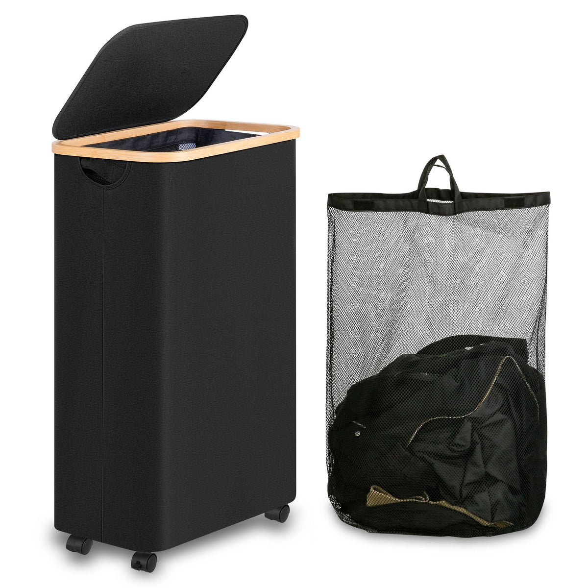 iEGrow Laundry Hamper with Lid,75L Hamper with Wheels & Removable Bag,Slim Laundry Basket on Wheels with Bamboo Frame,Foldable Rolling Clothes Hamper for Bedroom Dorm,Beige