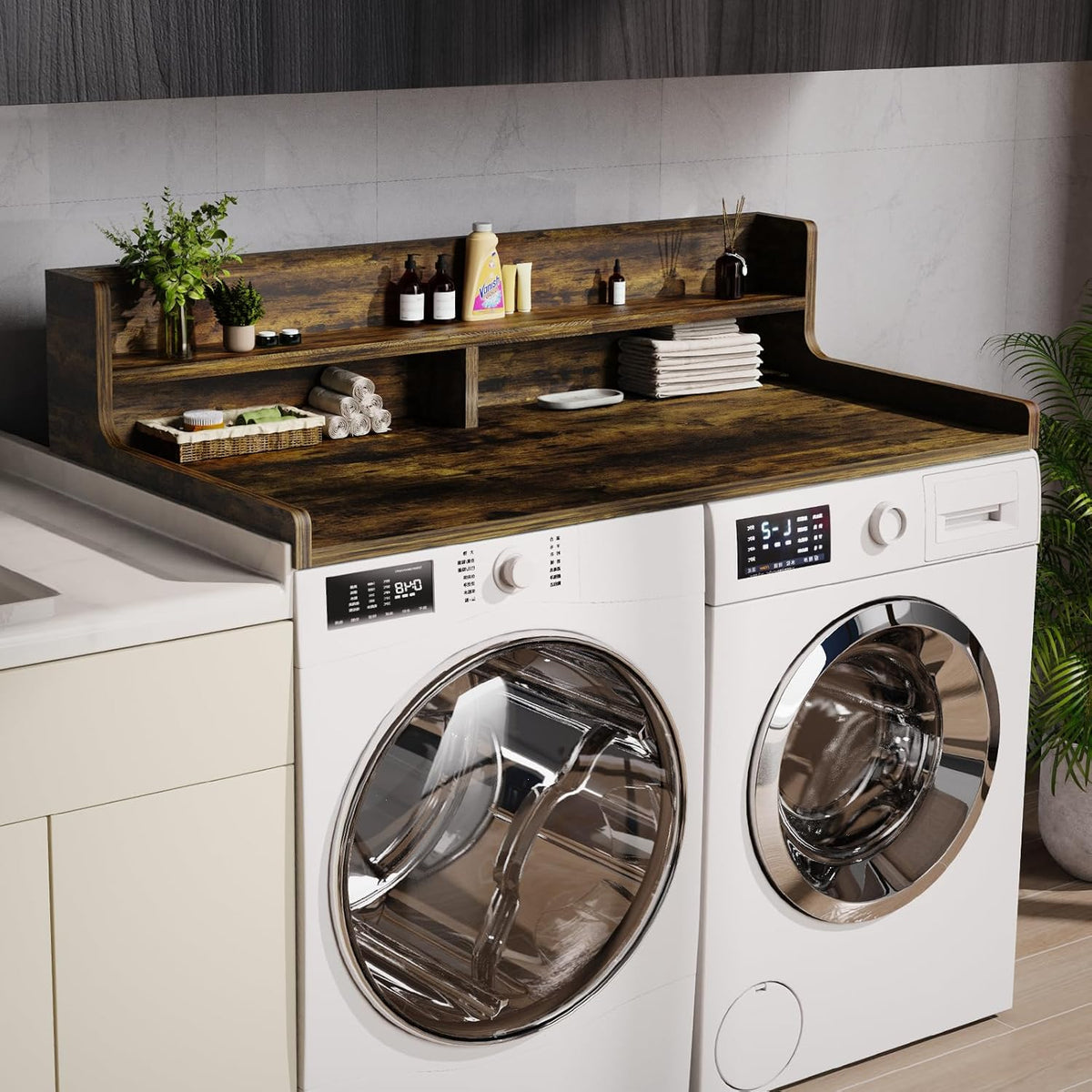 Washer Dryer Countertop, 54" x 27.55" 2-Tier Washer Dryer Topper with Edge, for Laundry Room Organization Rustic Brown