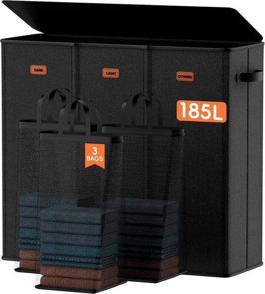 Laundry hamper 3 Section, XL Clothes Hamper with Lid & Inner Bag