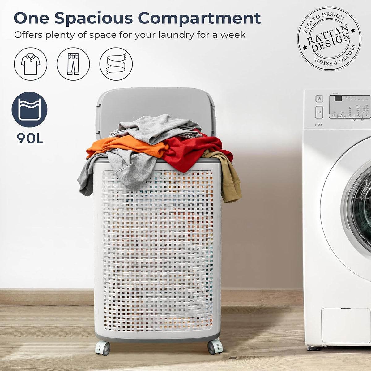 Sufdari 90L Laundry Basket with Wheels, Rolling Laundry Hamper with Lid and Handles, Plastic Rattan Clothes Organizer, Dirty Clothes Basket for Laundry Room, Bedroom, Dormitory Storage