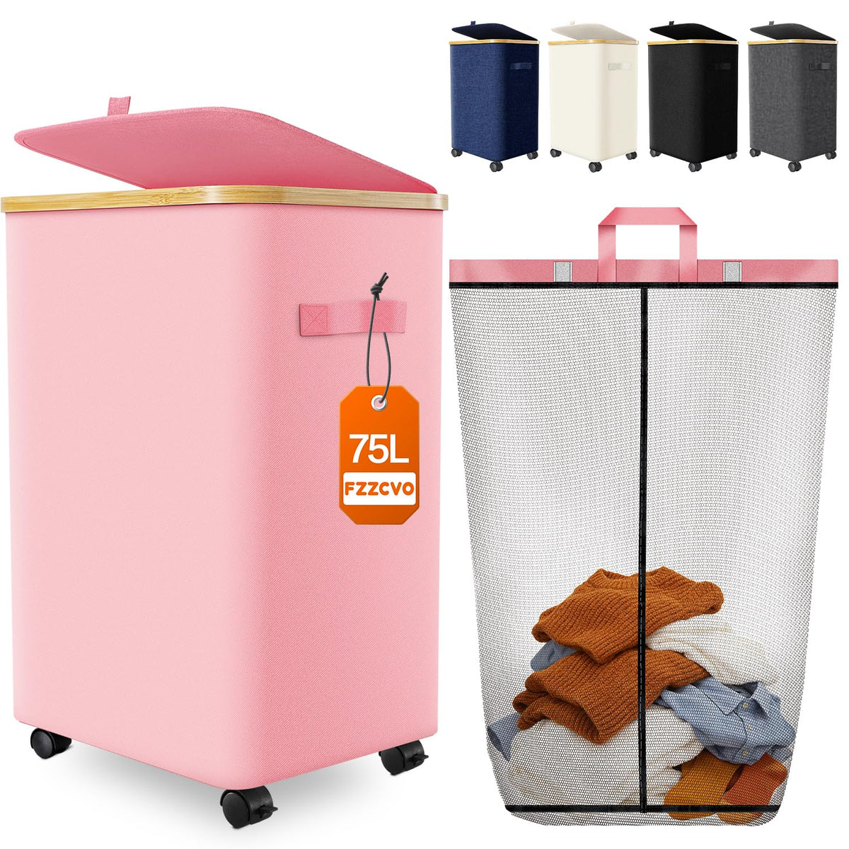 Laundry Hamper with Wheels, 75L Rolling Laundry Basket, Removable Inner Bag