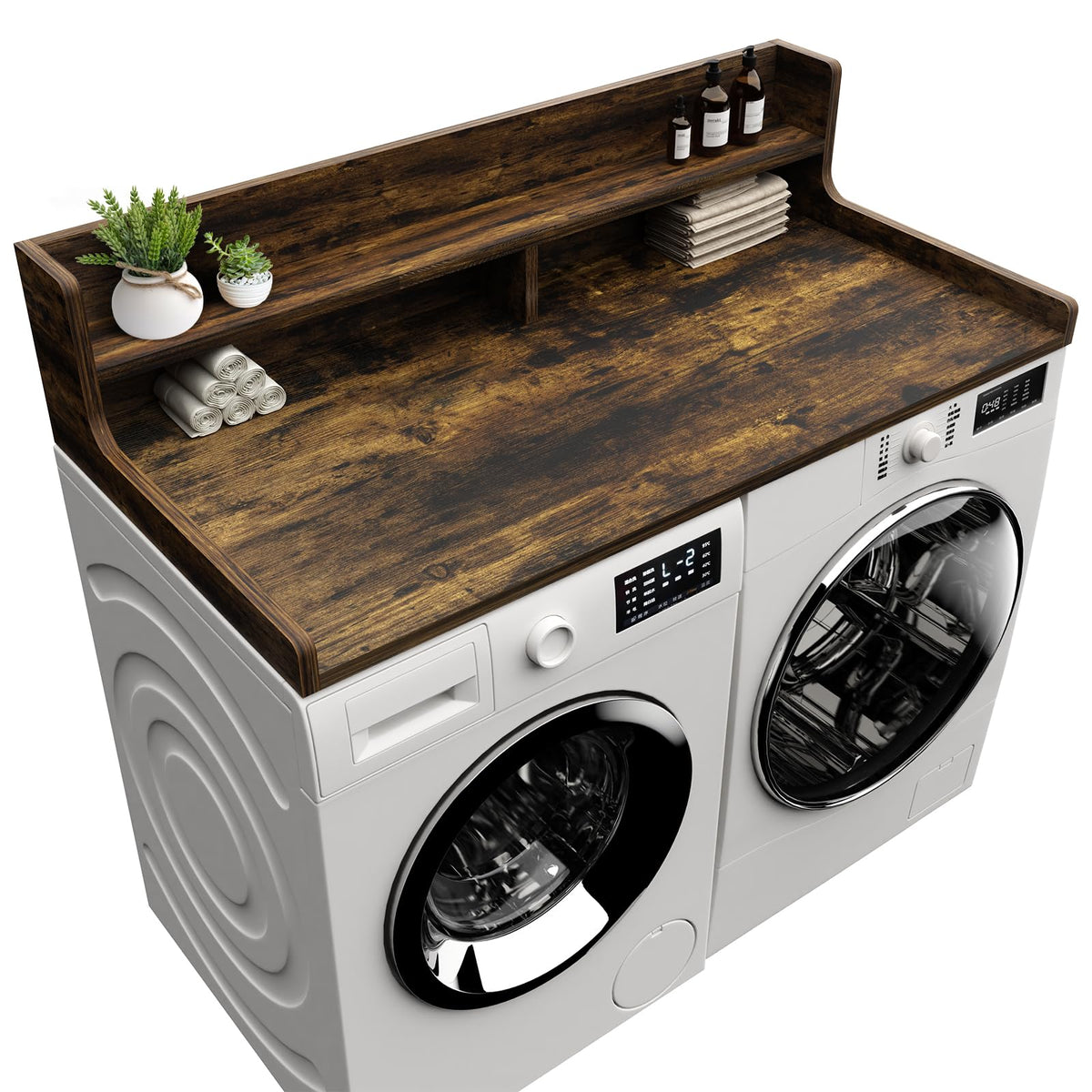 Washer Dryer Countertop, 54" x 27.55" 2-Tier Washer Dryer Topper with Edge, for Laundry Room Organization Rustic Brown