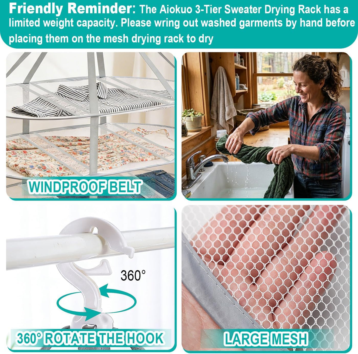 3-Tier Folding Mesh Clothes Drying Rack, Hanging Sweater Dryer for Laundry, Large Foldable Flat Dry Hanger, Portable Mesh Clothes Drying Net for Delicate Garments