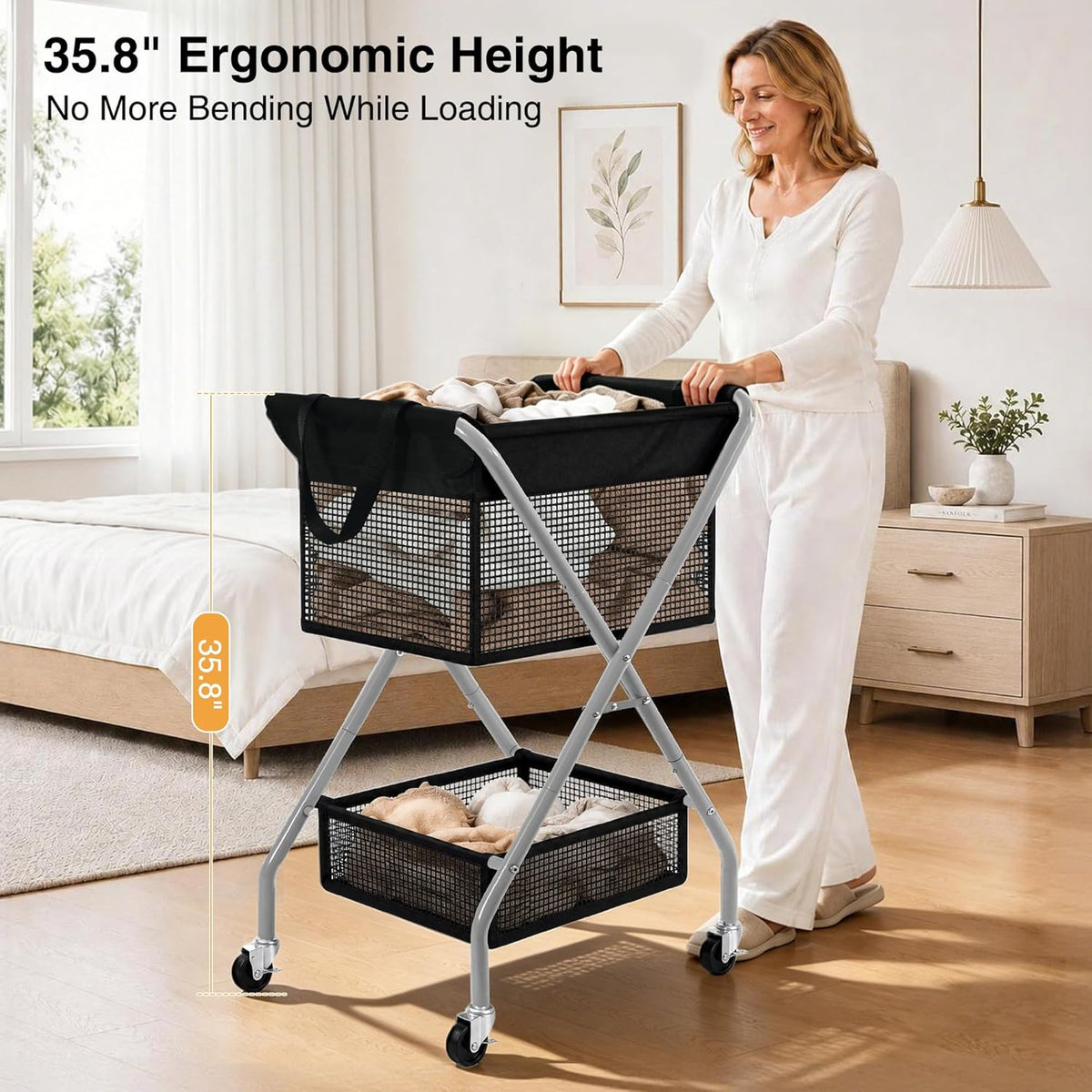 STO STO 2-Tier Foldable Laundry Cart with Wheels, 75L Tall Rolling Laundry Hamper, Collapsible Laundry Basket with Removable Bag, Rust-Resistant Steel Frame for Laundry Room, Bathroom, Dorm, Black