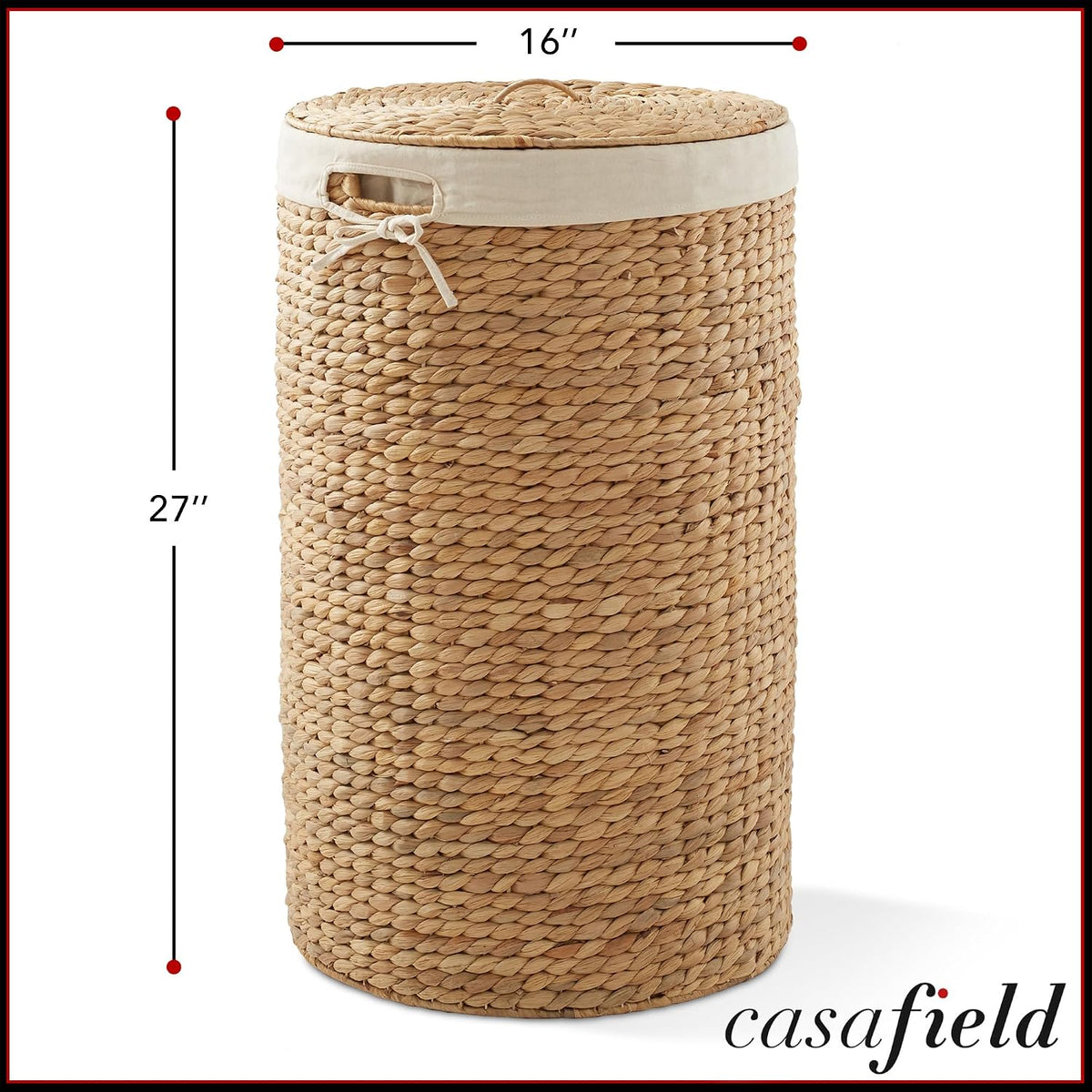 Casafield Round Laundry Hamper with Lid and Removable Liner Bag - Natural, Woven Water Hyacinth Wicker Laundry Basket for Clothes and Towels