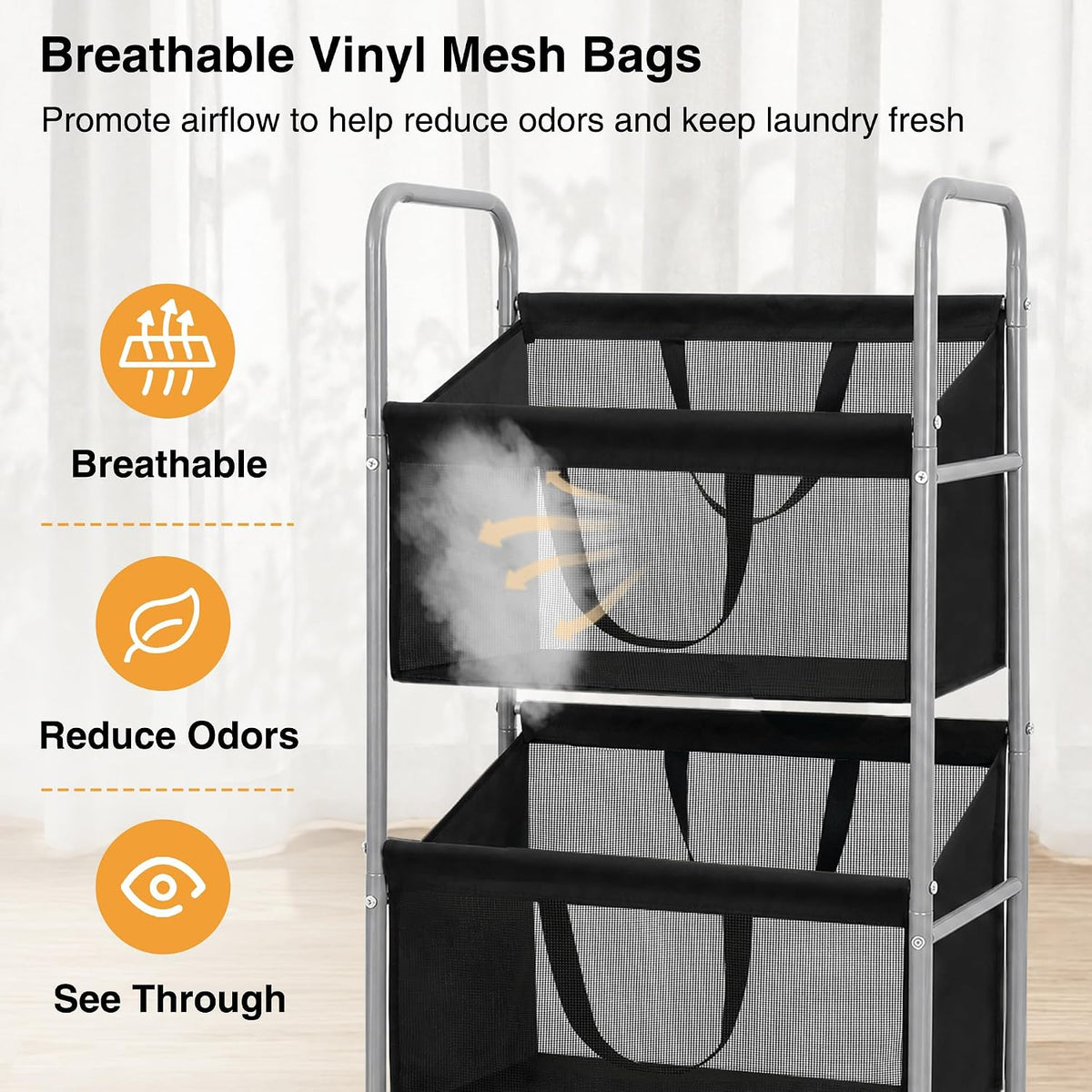 STO STO 3-Tier Vertical Rolling Laundry Hamper, Removable Bags, Black Mesh