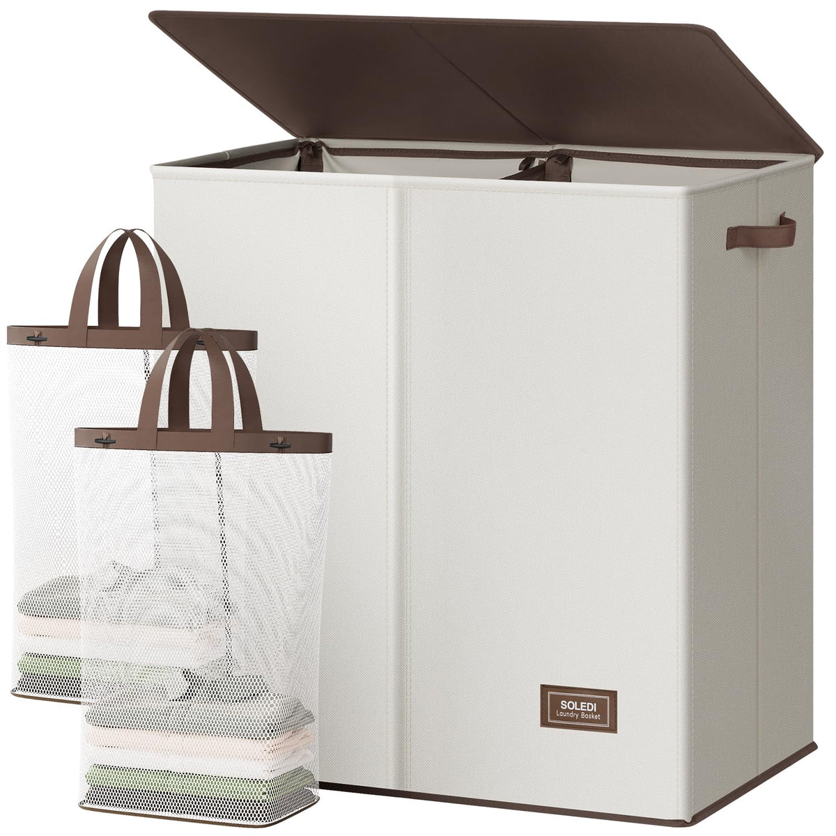 SOLEDI Luxury Double Laundry Hamper with Lid and Removable Bags, 38.3 Gal Large Laundry Bin, Laundry Basket 2 Sections, Collapsible Clothes Hamper for Bedroom, Laundry Room, Bathroom, Off-white
