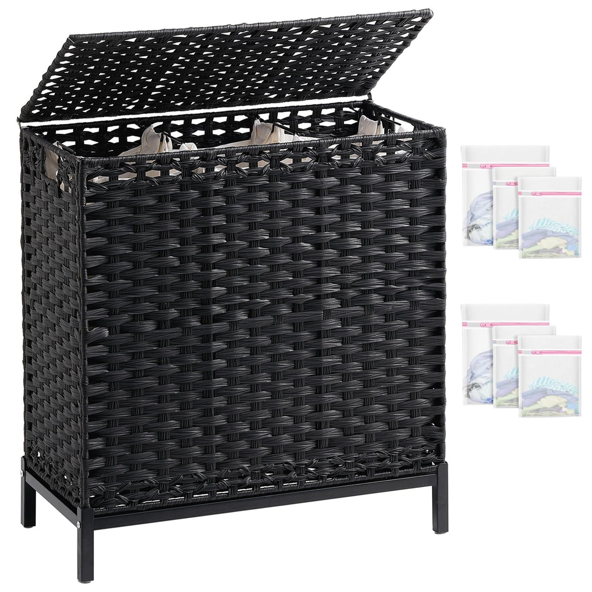SETVSON Laundry Hamper with Lid, 112 L Handwoven Rattan Wicker Laundry Basket, 2 Removable Liner Bags Metal Heightened Feet, 6 Mesh Bags, 2 Section Large Clothes Hamper for Bathroom Bedroom, Natural