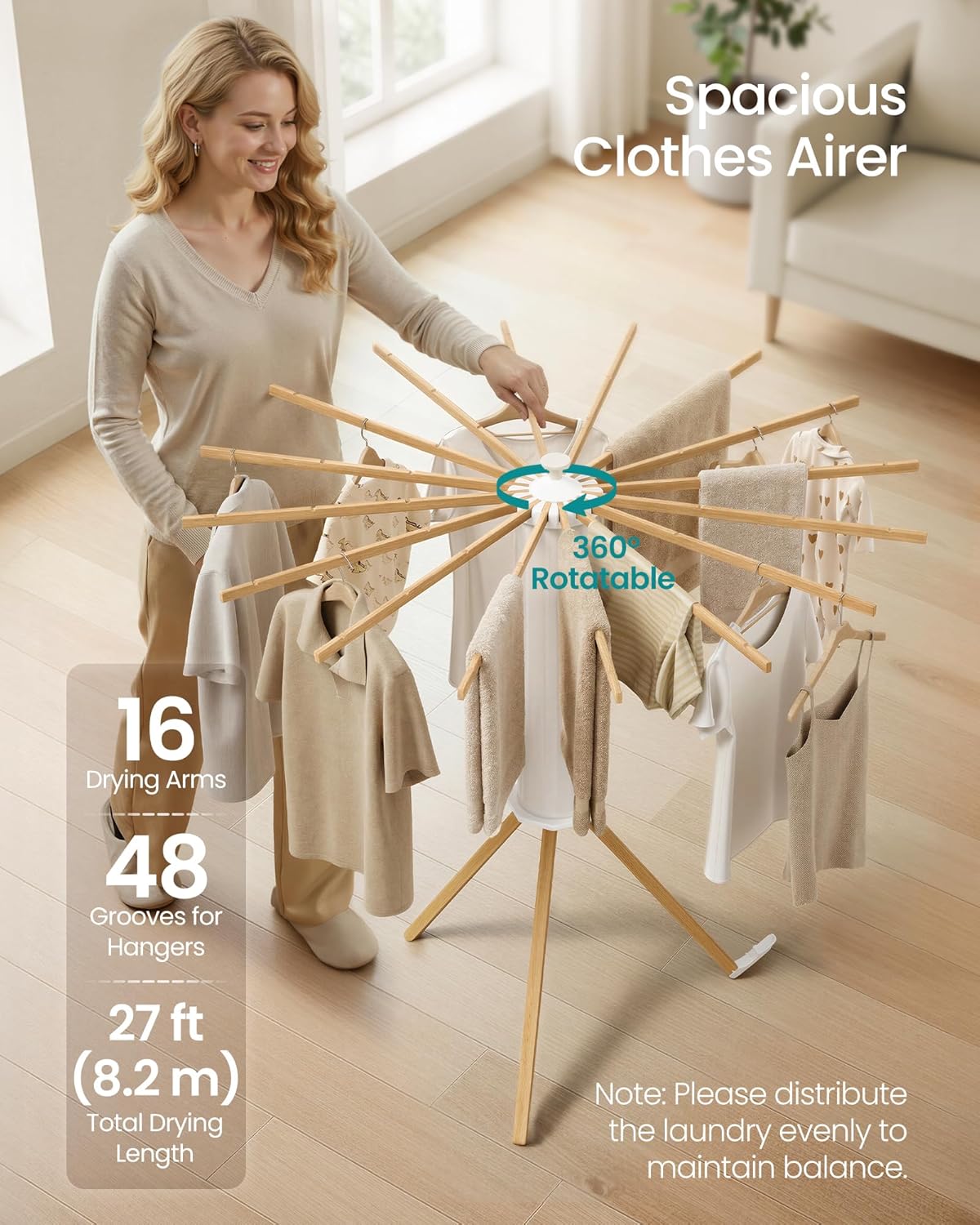 SONGMICS Clothes Drying Rack, Foldable Rotary Tripod, 16 Pull-Out Wood Arms