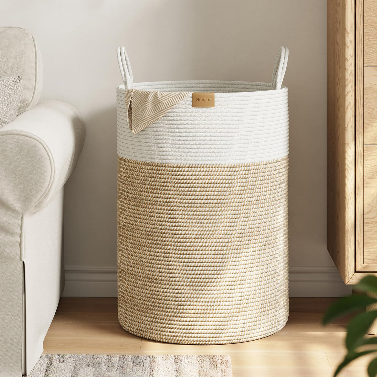Nunsino Tall Laundry Basket Hamper 95L,Cotton Rope Storage Hamper with Reinforced Handles,Decorative Blanket & Toy Basket for Living Room, Bedroom, Nursery, Dark Brown