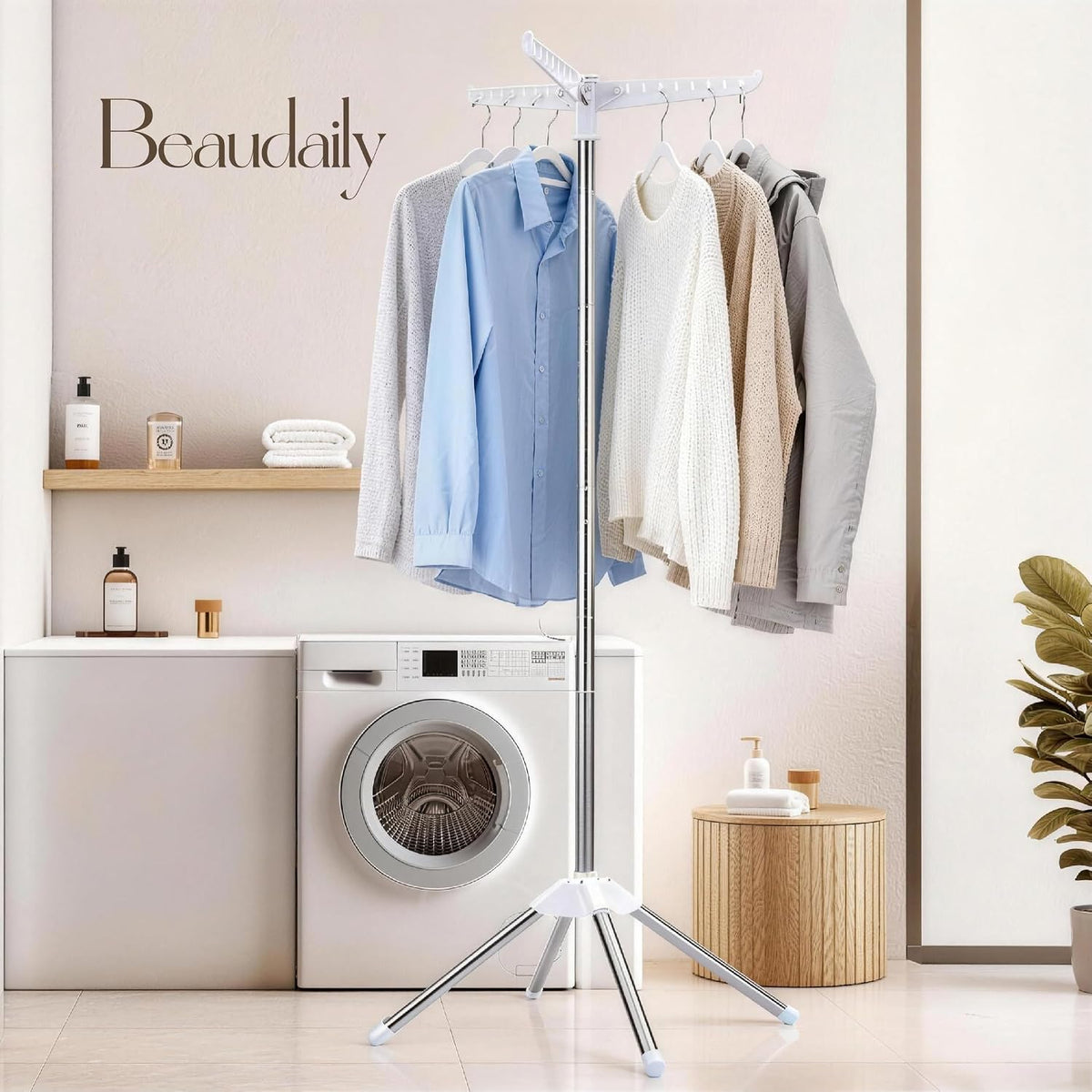 Beaudaily Clothes Drying Rack, Foldable Laundry Drying Rack, Indoor 59-Inch Drying Rack Clothing with 3 Rotatable Arms, Stainless Steel, Holds 27 Pieces, Space Saving, Portable, White and Silver