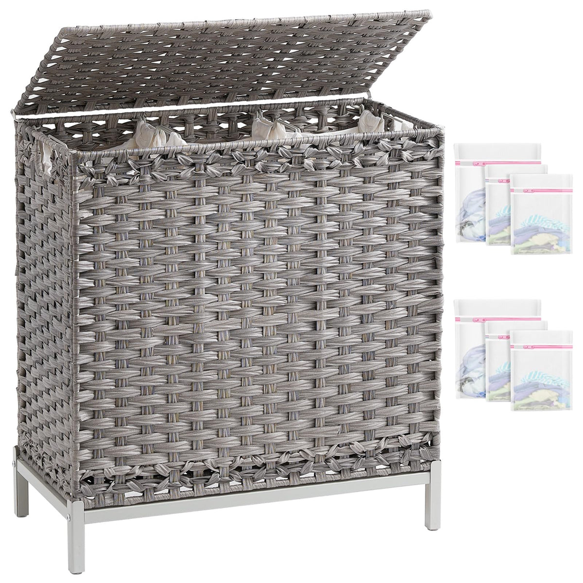 SETVSON Laundry Hamper with Lid, 112 L Handwoven Rattan Wicker Laundry Basket, 2 Removable Liner Bags Metal Heightened Feet, 6 Mesh Bags, 2 Section Large Clothes Hamper for Bathroom Bedroom, Natural