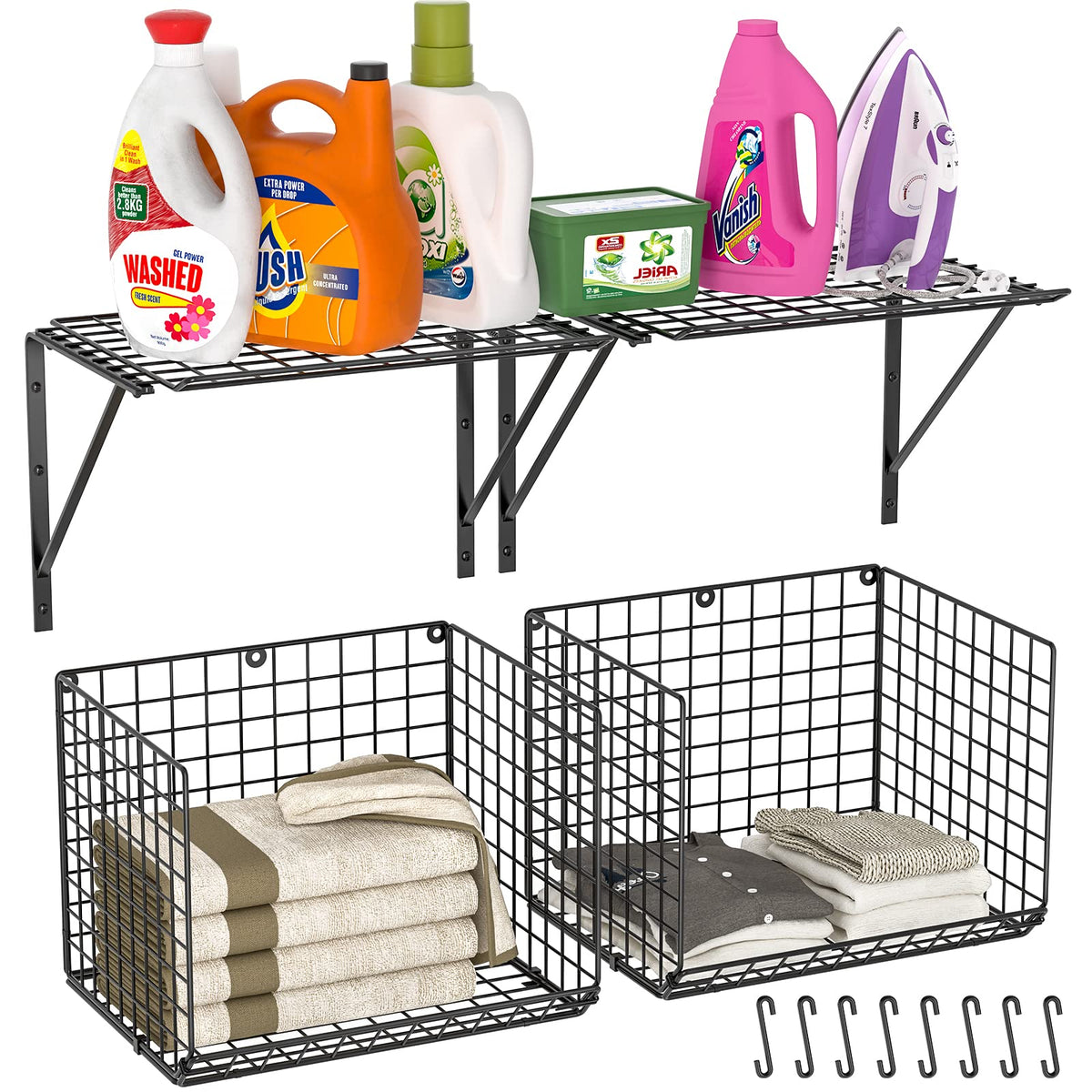 3IngSeagulls 2 Pack Laundry Room Shelves, Wire Baskets with 8 Hooks, Over Washer and Dryer Shelf, Wall Mounted Storage and Clothes Drying Rack, Black