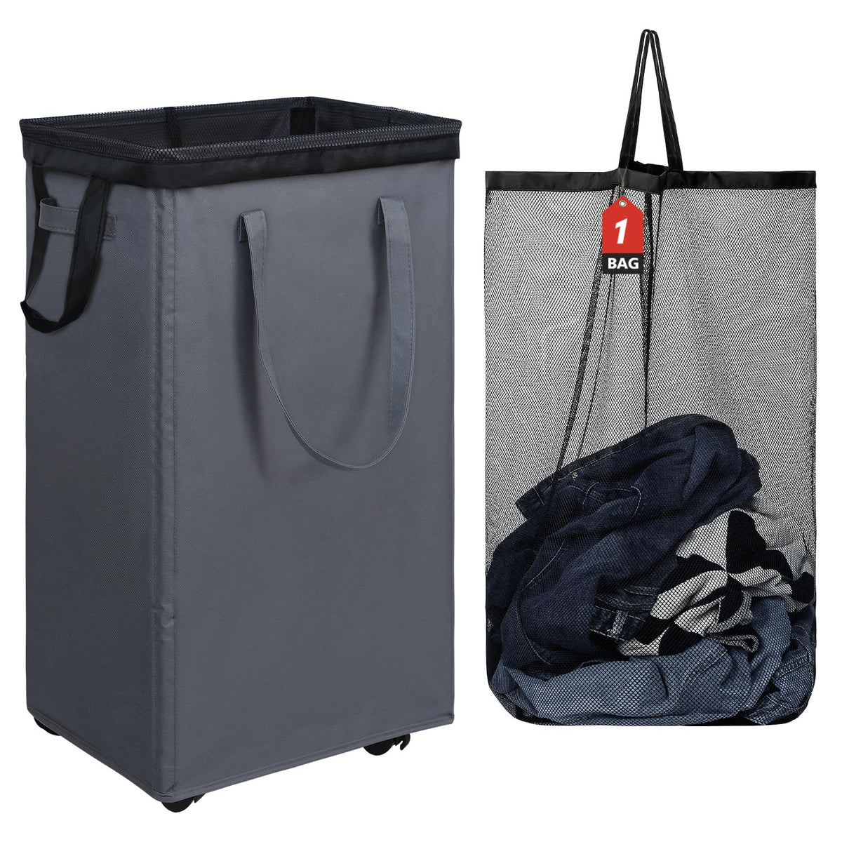 DOKEHOM 52L Slim Rolling Laundry Basket Hamper, Narrow on Wheels, Grey