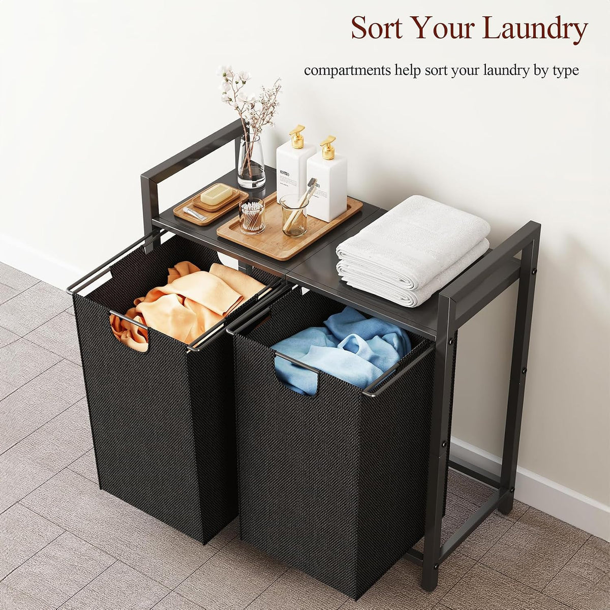 Kitstorack Laundry Basket Organizer, Laundry Hamper with Shelf & 2 Pull-Out Removable Bags, Dirty Clothes Hamper Organizer for Laundry Room Bathroom and Dorm, 2 x 11.8 gallons (44.5L)