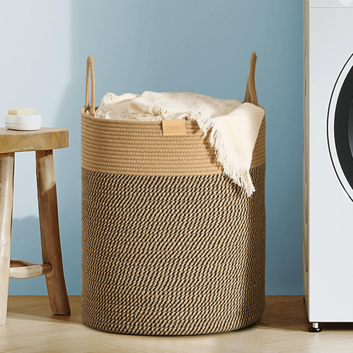 Nunsino Tall Laundry Basket Hamper 95L,Cotton Rope Storage Hamper with Reinforced Handles,Decorative Blanket & Toy Basket for Living Room, Bedroom, Nursery, Dark Brown