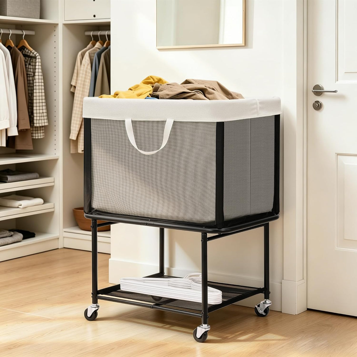 STO STO Rolling Laundry Hamper with Lockable Wheels, 29-Gallon (110L) Laundry Cart with Removable Canvas Bag, 2-Tier Clothes Basket Hamper with Shelf for Closet, Bedroom, Bathroom, Laundry Room, Beige