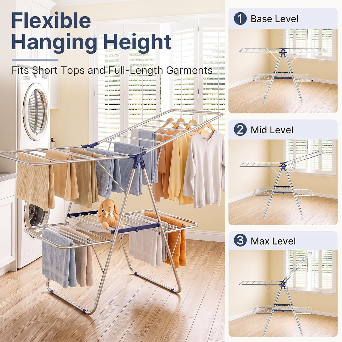 Stainless Steel 2-Tier Foldable Clothes Drying Rack, 57 Inches Max Height
