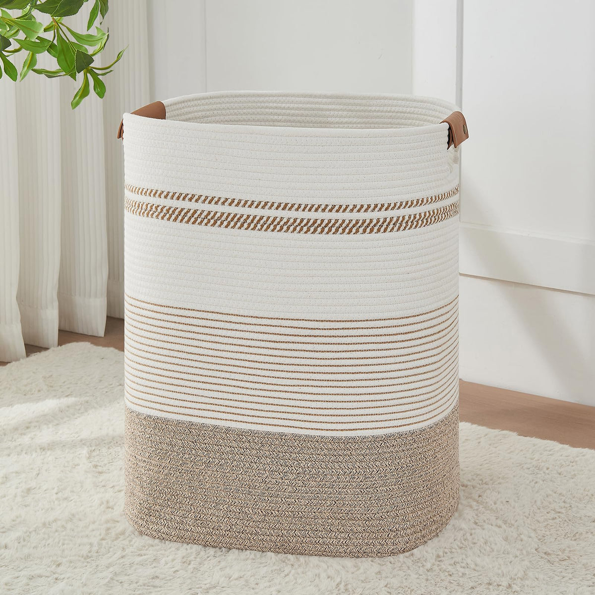 Large Laundry Hamper Basket, 85L Cotton Rope Woven Storage Bin for Blankets, Dirty Clothes Toys, Decorative Tall Basket with Leather Handles for Living Room, Bedroom, Bathroom, Nursery, Jute