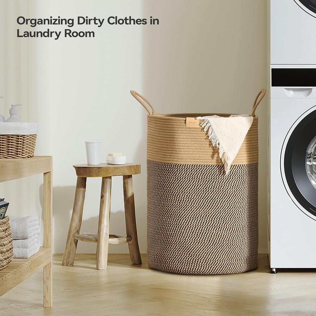 Nunsino Tall Laundry Basket Hamper 95L,Cotton Rope Storage Hamper with Reinforced Handles,Decorative Blanket & Toy Basket for Living Room, Bedroom, Nursery, Dark Brown