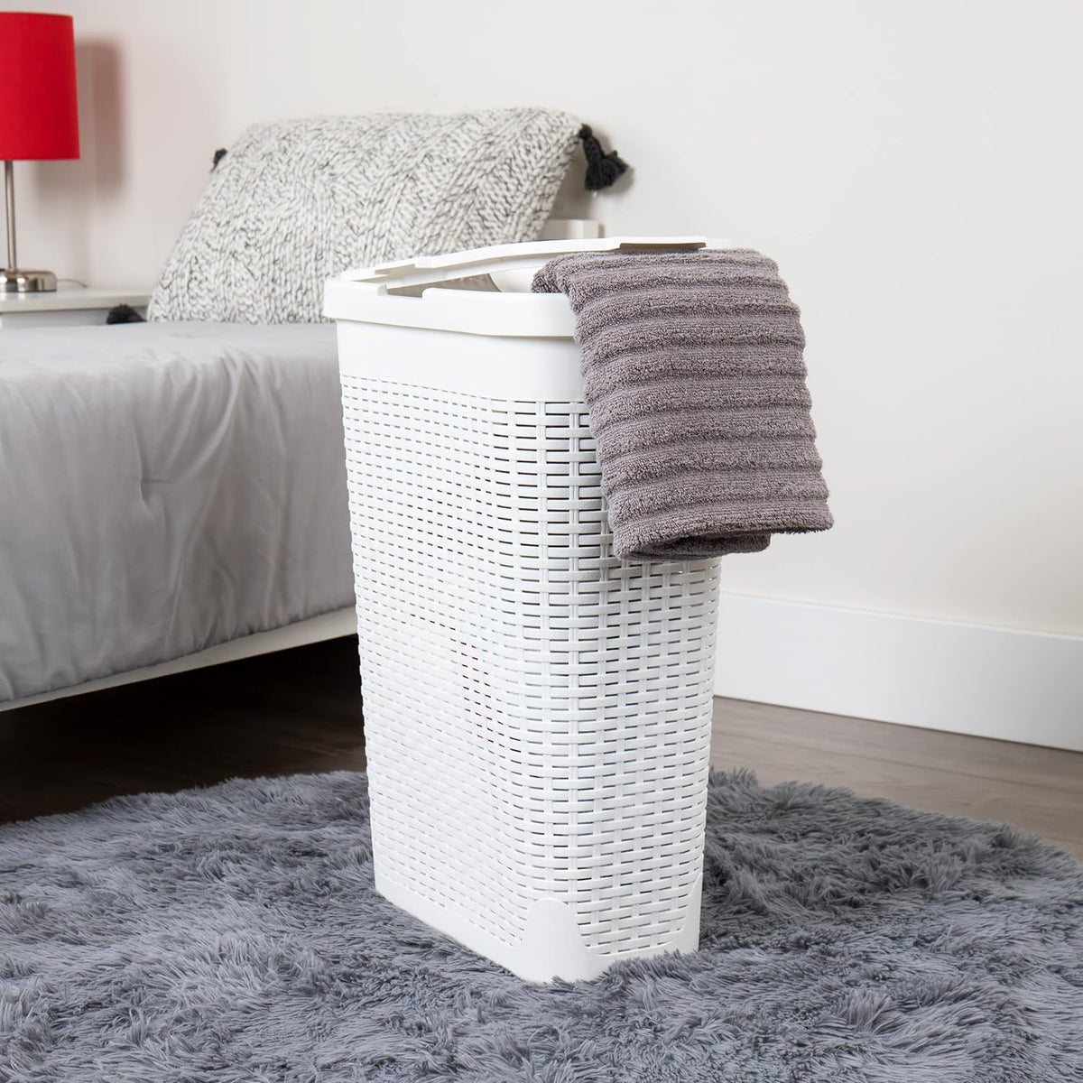 Mind Reader Slim Laundry Hamper with Lid, 40L Clothes Basket, Narrow Tapered Design with Ventilated Cutout Pattern, Plastic, White