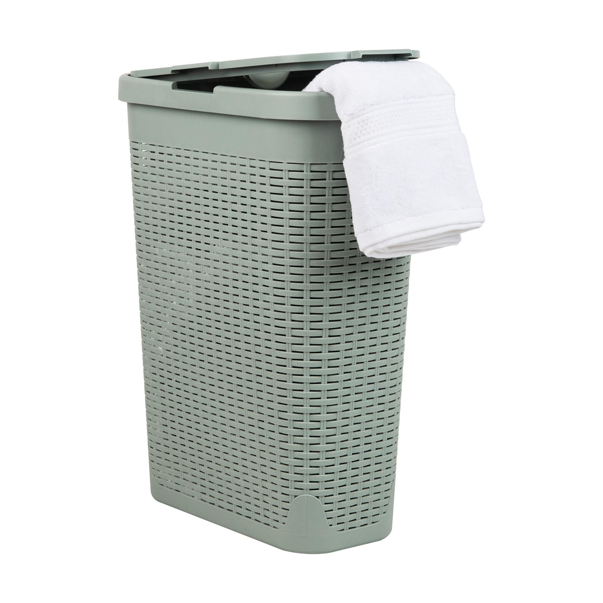Mind Reader Slim Laundry Hamper with Lid, 40L Clothes Basket, Narrow Tapered Design with Ventilated Cutout Pattern, Plastic, White