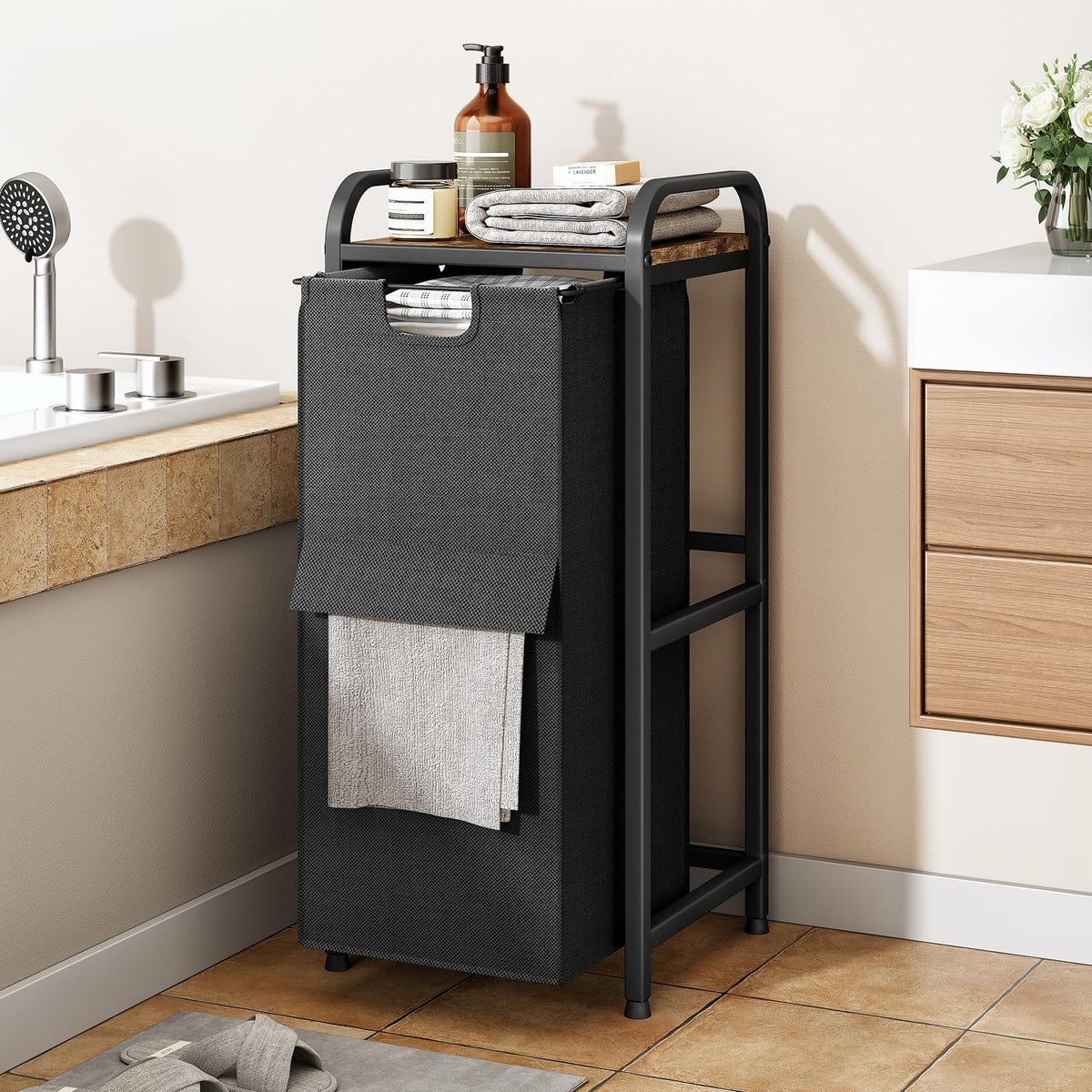 Kitstorack Laundry Basket Organizer, Laundry Hamper with Shelf & 2 Pull-Out Removable Bags, Dirty Clothes Hamper Organizer for Laundry Room Bathroom and Dorm, 2 x 11.8 gallons (44.5L)
