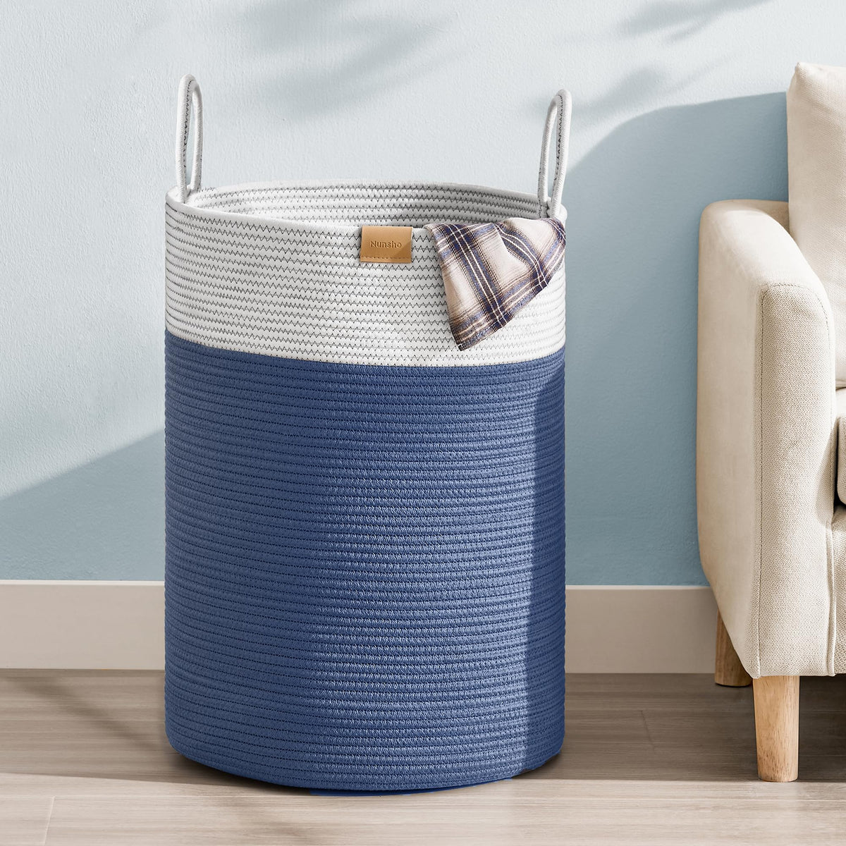 Nunsino Tall Laundry Basket Hamper 95L,Cotton Rope Storage Hamper with Reinforced Handles,Decorative Blanket & Toy Basket for Living Room, Bedroom, Nursery, Dark Brown