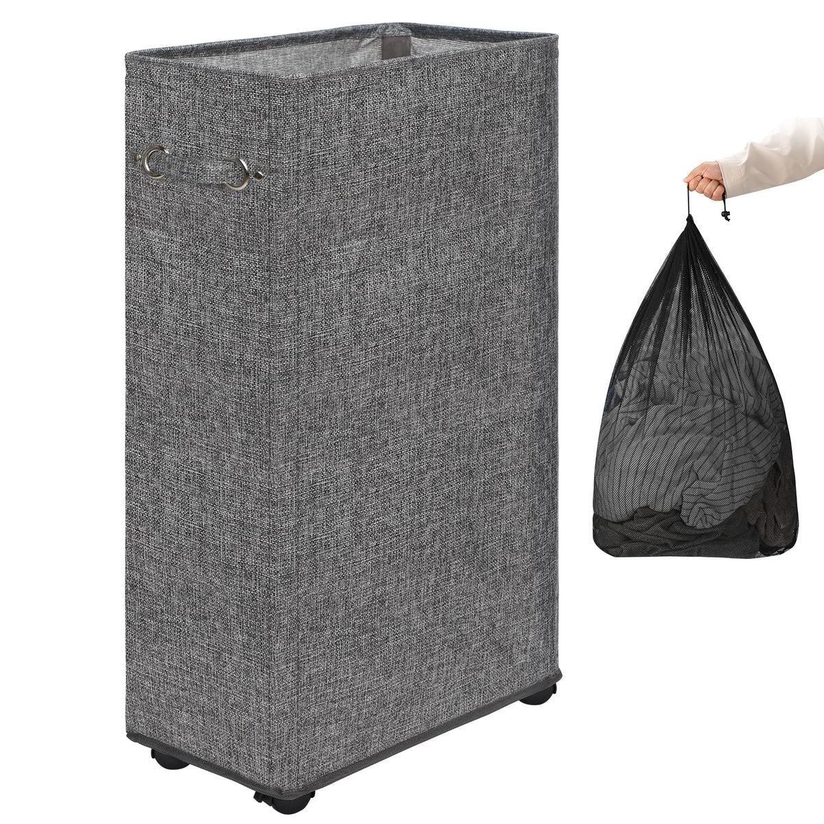 DOKEHOM 52L Slim Rolling Laundry Basket Hamper, Narrow on Wheels, Grey