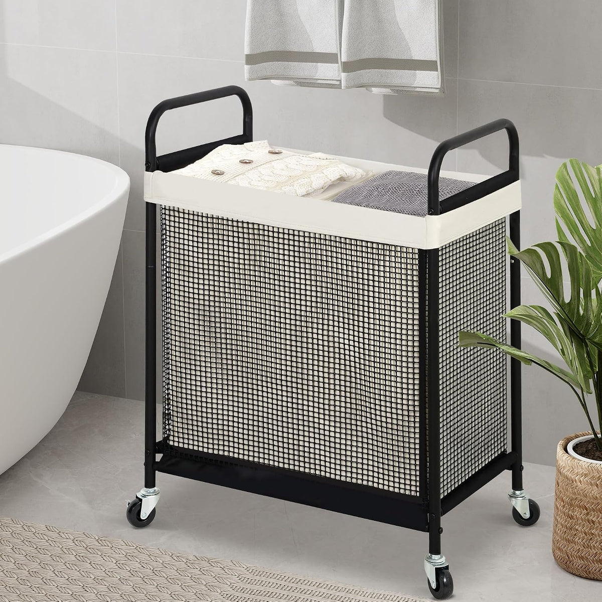 STO STO Laundry Hamper 2 Section, 100L Rolling Laundry Sorter Cart with Removable and Washable Liner Bag, Clothes Hamper with Wheels and Metal Handle for Laundry Room and Bedroom
