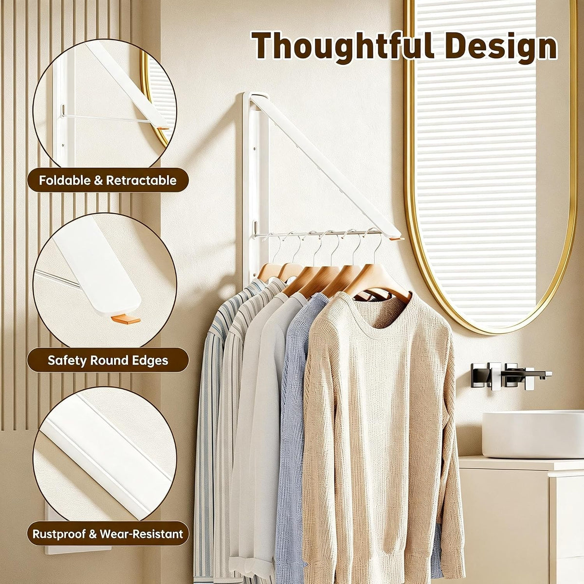 Clothes Drying Rack, Laundry Room Wall Mounted Retractable Clothes Hanger Drying Rack, Laundry Clothing Drying Rack Folding Indoor or Outdoor, Easy Installation Aluminium Dryer, 1pcs(White)