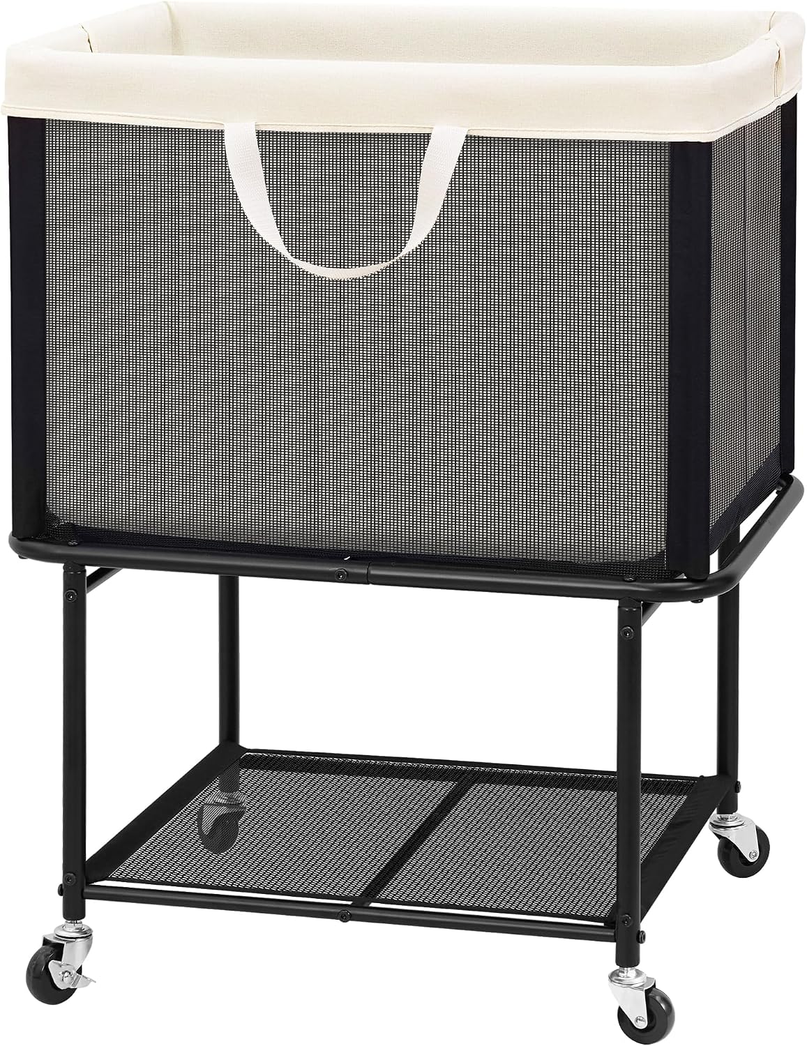 STO STO Rolling Laundry Hamper with Lockable Wheels, 29-Gallon (110L) Laundry Cart with Removable Canvas Bag, 2-Tier Clothes Basket Hamper with Shelf for Closet, Bedroom, Bathroom, Laundry Room, Beige