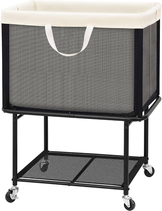 STO STO Rolling Laundry Hamper with Lockable Wheels, 29-Gallon (110L) Laundry Cart with Removable Canvas Bag, 2-Tier Clothes Basket Hamper with Shelf for Closet, Bedroom, Bathroom, Laundry Room, Beige