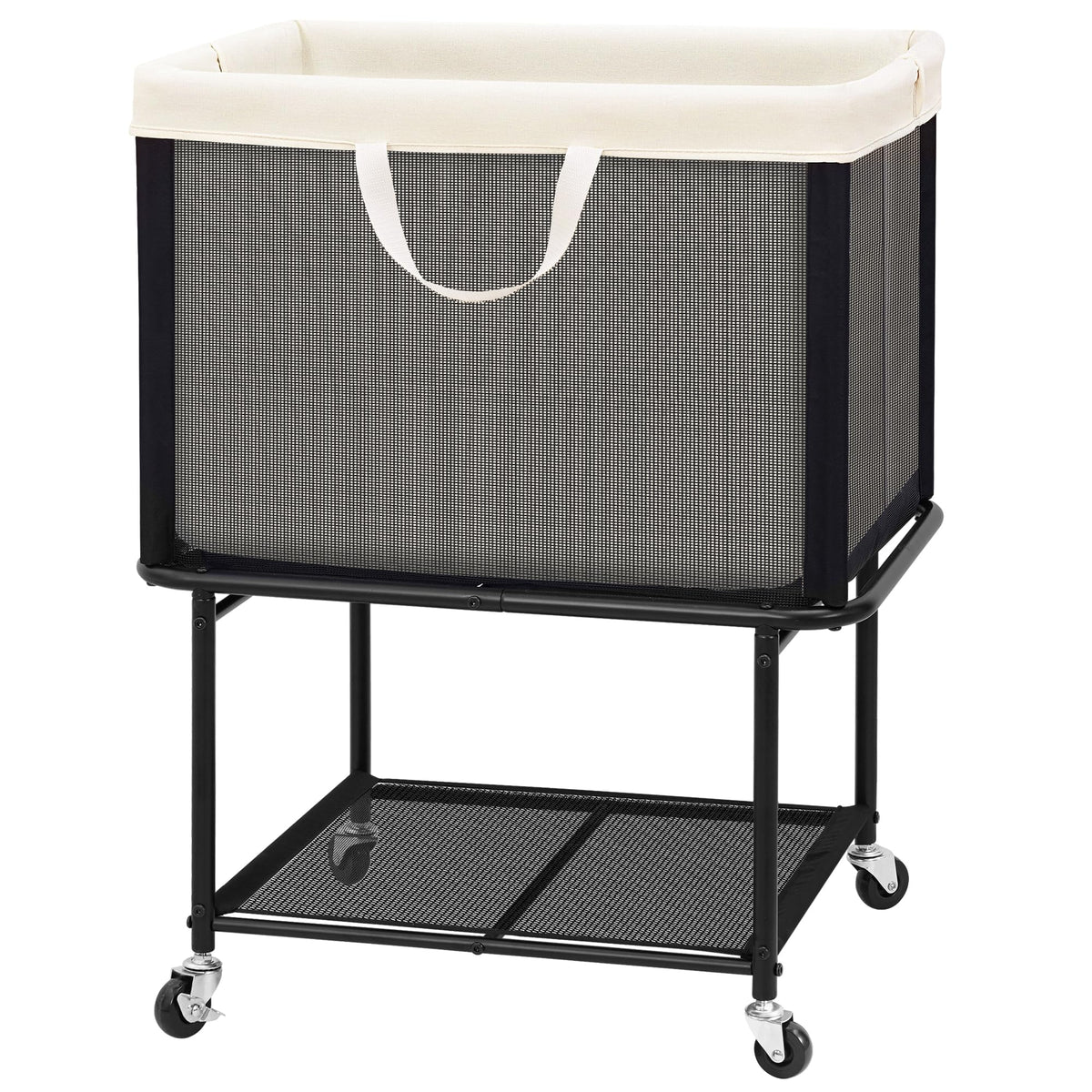 STO STO Rolling Laundry Hamper with Lockable Wheels, 29-Gallon (110L) Laundry Cart with Removable Canvas Bag, 2-Tier Clothes Basket Hamper with Shelf for Closet, Bedroom, Bathroom, Laundry Room, Beige