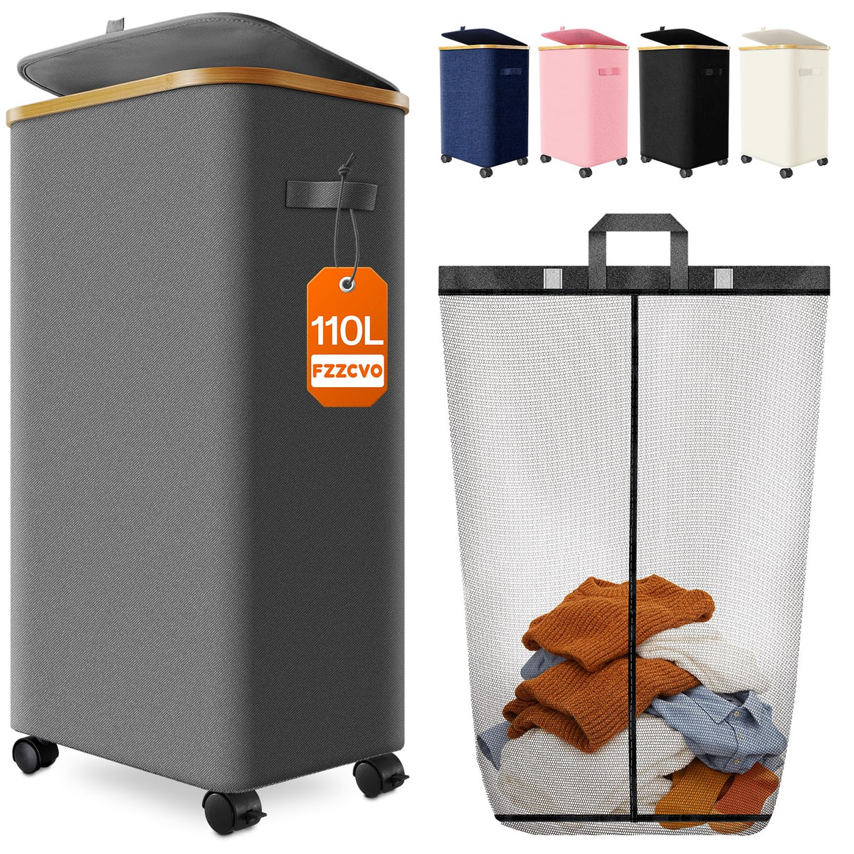 Laundry Hamper with Wheels, 75L Rolling Laundry Basket, Removable Inner Bag