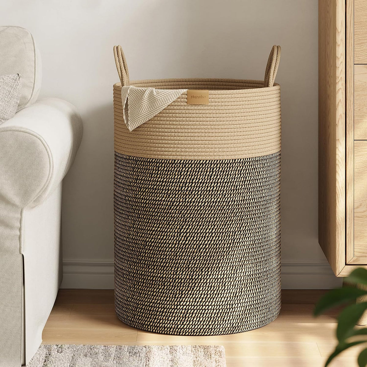 Nunsino Tall Laundry Basket Hamper 95L,Cotton Rope Storage Hamper with Reinforced Handles,Decorative Blanket & Toy Basket for Living Room, Bedroom, Nursery, Dark Brown
