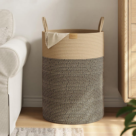 Nunsino Tall Laundry Basket Hamper 95L,Cotton Rope Storage Hamper with Reinforced Handles,Decorative Blanket & Toy Basket for Living Room, Bedroom, Nursery, Dark Brown