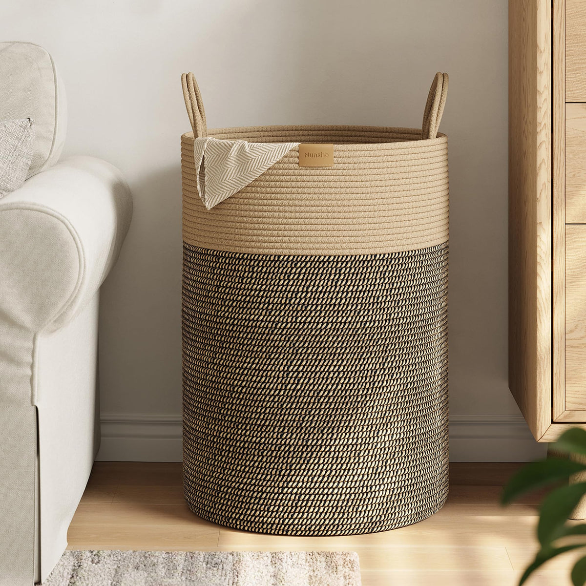 Nunsino Tall Laundry Basket Hamper 95L,Cotton Rope Storage Hamper with Reinforced Handles,Decorative Blanket & Toy Basket for Living Room, Bedroom, Nursery, Dark Brown