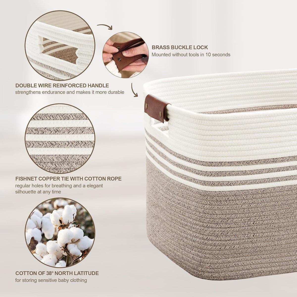 72L Large Woven Laundry Basket Hamper with Leather Handles,Brown