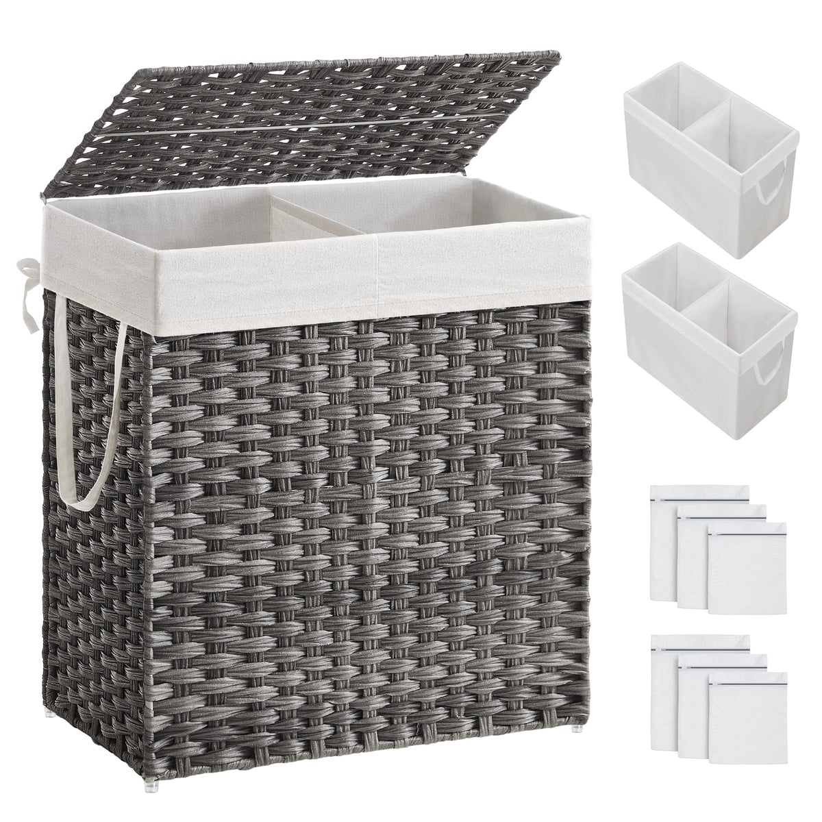SONGMICS Laundry Hamper with Lid, 130L Double Wicker Basket, 6 Mesh Bags
